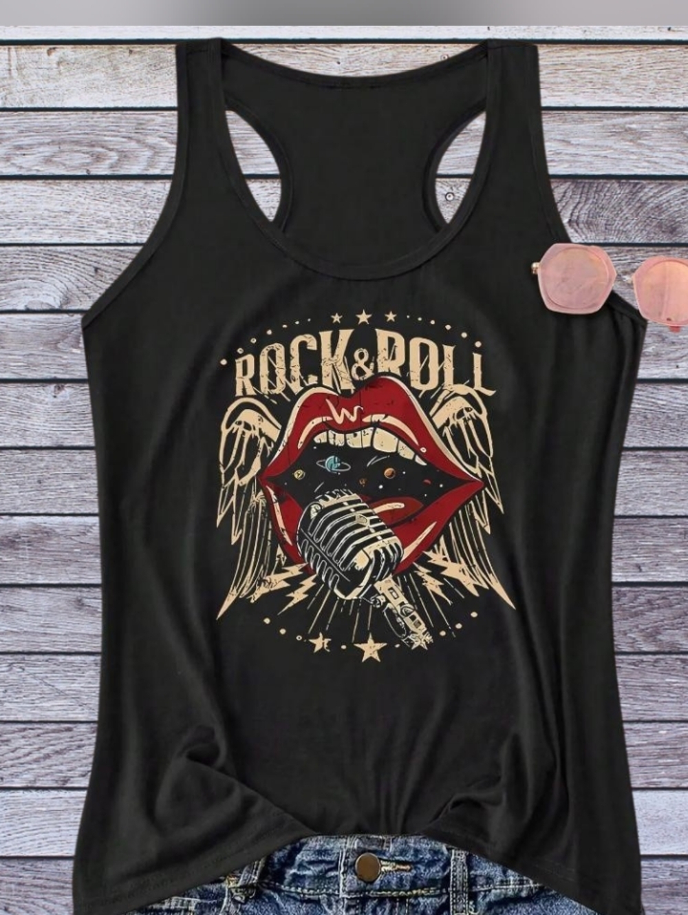 Vintage Black Racerback Tank with Red & Cream Rock Graphic Women's XL